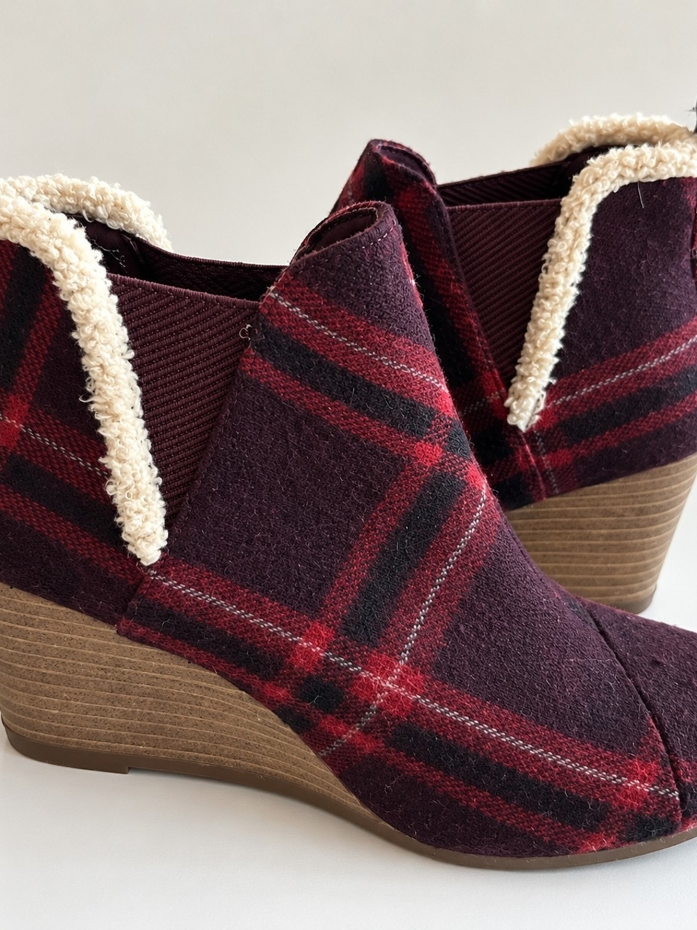 Toms Burgundy and Red Plaid Wedge Ankle Booties